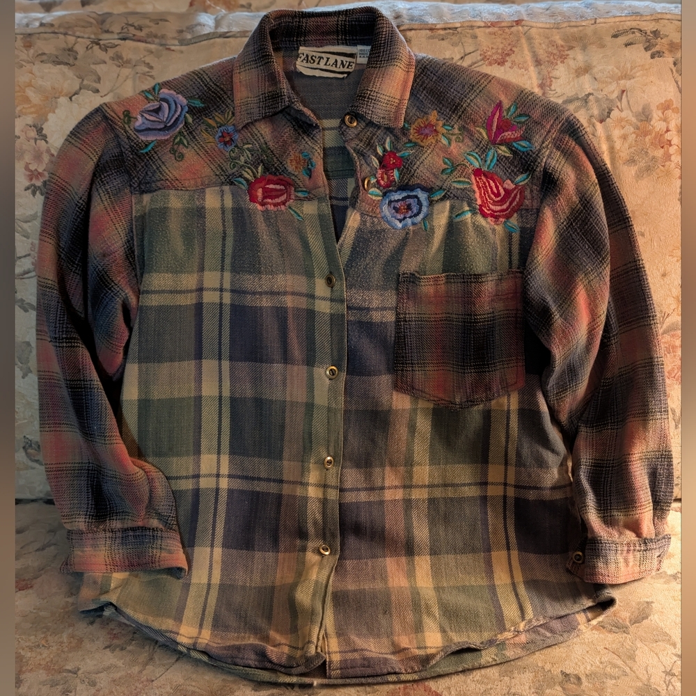 Embroidered Plaid Button-Up Shirt in Green and Pink